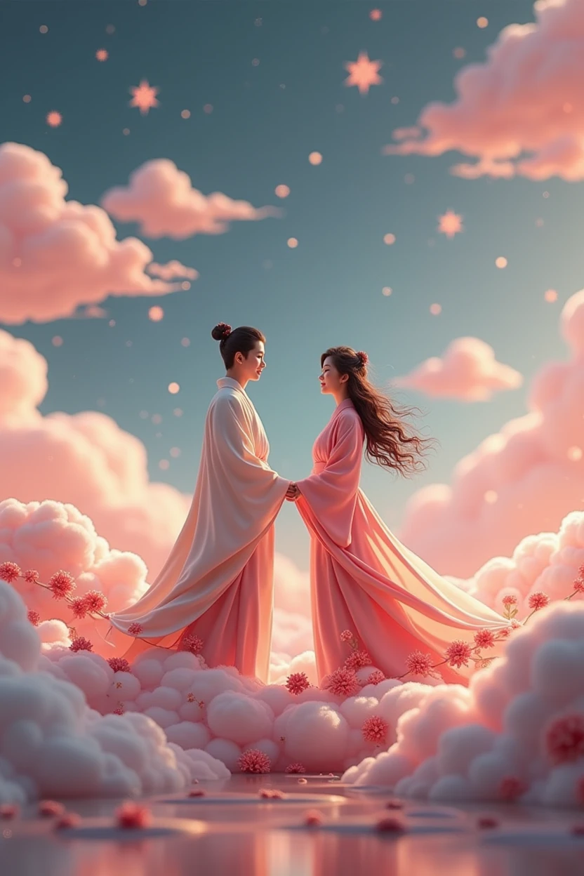 Miniature Landscape, Miniature Models,Fantasy Garden,Aesthetic healing,moon,Star,Beautiful and poetic,((The text at the top of the screen"Love each other, Romantic Tanabata"letter)),In a vast 3D universe,A man and a woman in Hanfu stand on a magpie bridge made of soft pink clouds。These clouds are fluffy and soft,As if just plucked from the sky,Each flower has a delicate texture and slight elasticity.。The edge of the magpie bridge is still hung with strings of glittering pearl-like dewdrops.,About to drip。The starry sky around,Star并非是常见的尖锐亮点,But each one is round and full、A ball of light woven from soft threads of light,Exudes a soft and warm glow,Like freshly baked marshmallows。The clothes worn by the Cowherd and the Weaver Girl are made of silk that is as light as mist.,When the wind blows,The folds of silk flow naturally like water ripples,The edges of the clothing are inlaid with fluffy white down.,Adds a bit of warmth and romance。Their hair is not a rigid line.,But a strand of silky soft、Slightly curly filaments,As if I could feel the gentle breeze,Studio Lighting,3D, Realistic lighting,Beautiful light,Edge Glow,Volumetric Light,Rim Light,Bioluminescence,Perfect composition,Masterpiece,8k,Top of poster, Contains text "Love each other, Romantic Tanabata" Very large, bold, And elegant letters, use, Serif font. Text should have a glow effect or a slight shadow, Make sure it stands out,At the same time, it blends seamlessly with the background, Reflect the seriousness and solemnity of the information
