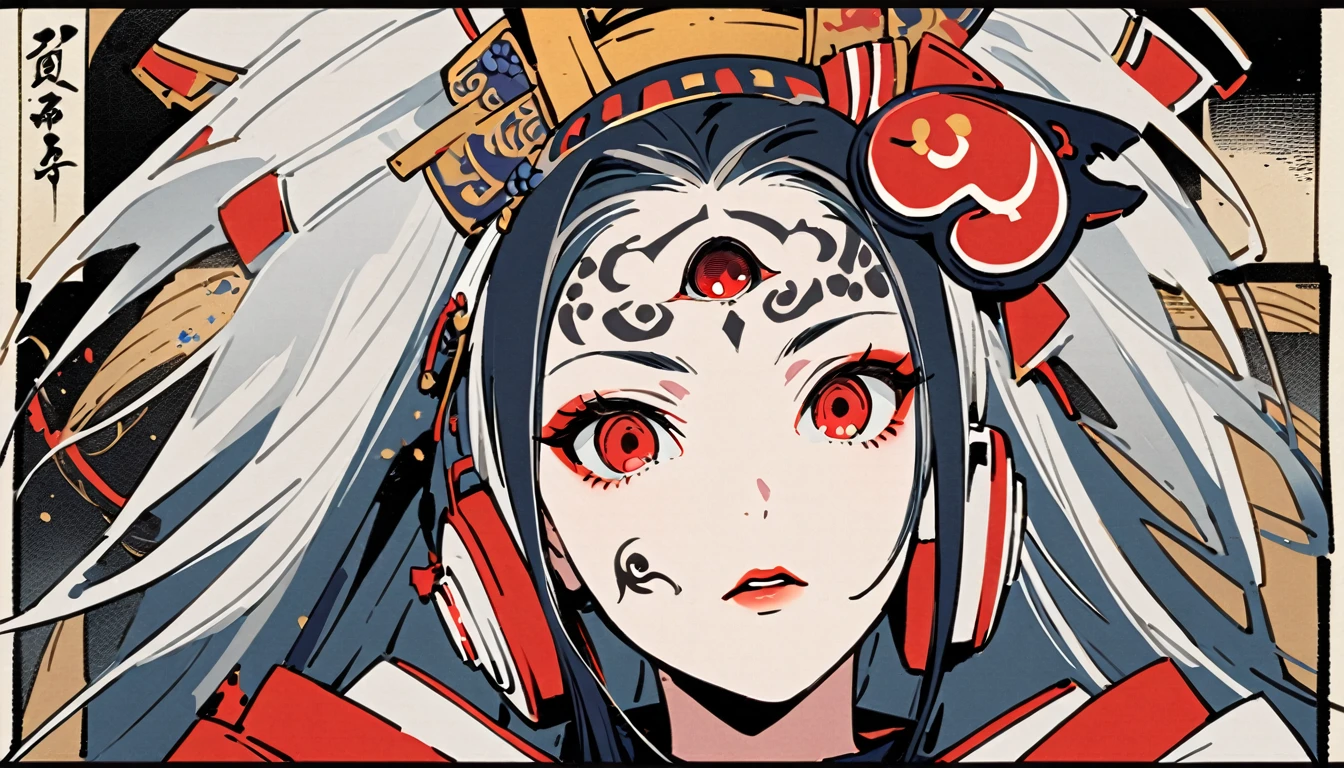 Ink painting, (((1 girl))), (((Tattoo in the middle of the forehead))),(((In the background is the Akatsuki moon))), (((Oiran))), (((Great hair accessories))), Japanese style headphones, Demon possession, ,Third Eye,(((Red eyes with an inscription inside them))),Face up close, Japanese beauty, White hair, Sensitive and precise, Modern Ukiyo-e style