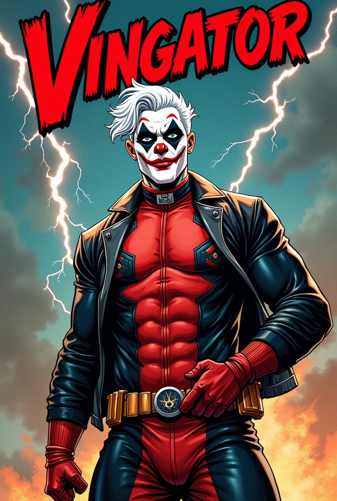 Old style marvel comic book cover ,with a character with clothes deadpool jumpsuit joker jacket face with clown makeup white hair, with title of "vingator"