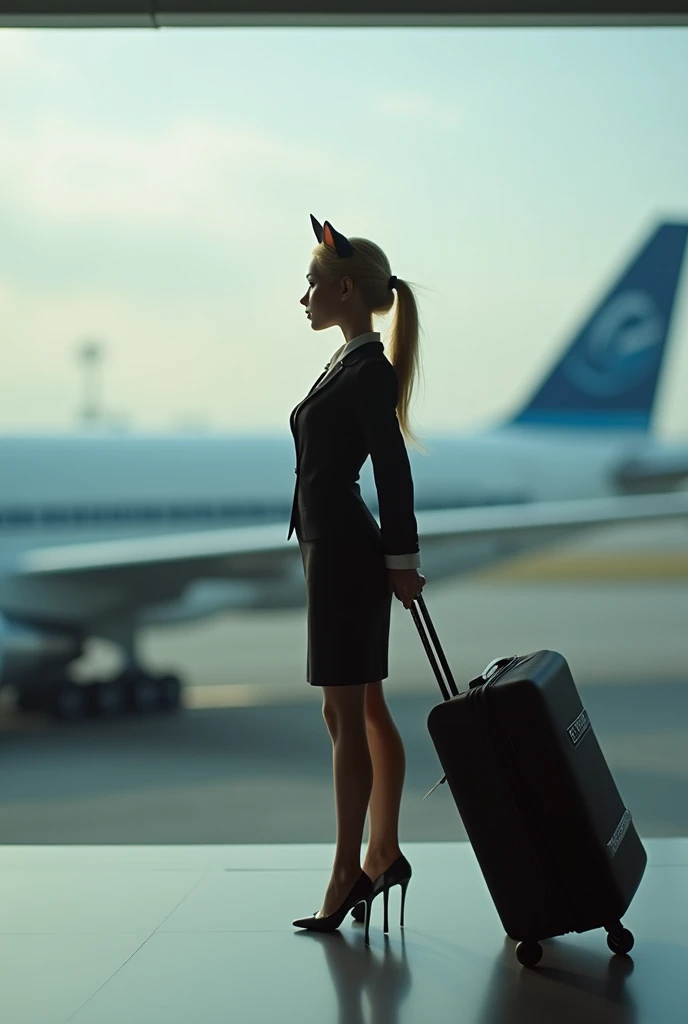 35mm lens,Multiple angles,full-body shot,漂亮的Cat,cute,Sexy,Personification,Back,side,silhouette,Overhead shot,Cat,Standing,doll,Airline stewardess,Trolley case,,AIRPORT,Boeing 747 background,Airline stewardess, cloak,Ruan Jia,,Work clothes,tie, full-body shot,(Delicate face), (Fine fluffy fur),(35mm Cinema Lens),(Multi-angle shooting),(many viewing angles)