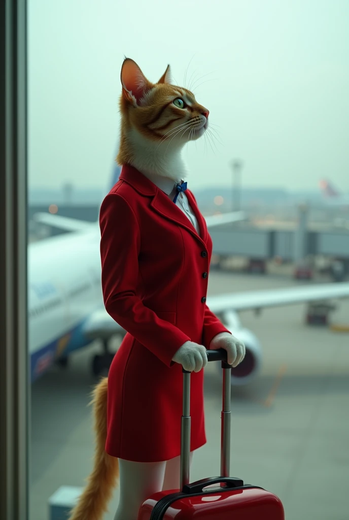 35mm lens,Multiple angles,full-body shot,漂亮的Cat,cute,Sexy,Personification,Back,side,silhouette,Overhead shot,Cat,Standing,doll,Airline stewardess,Trolley case,,AIRPORT,Boeing 747 background,Airline stewardess, cloak,Ruan Jia,,Work clothes,tie, full-body shot,(Delicate face), (Fine fluffy fur),(35mm Cinema Lens),(Multi-angle shooting),(many viewing angles)