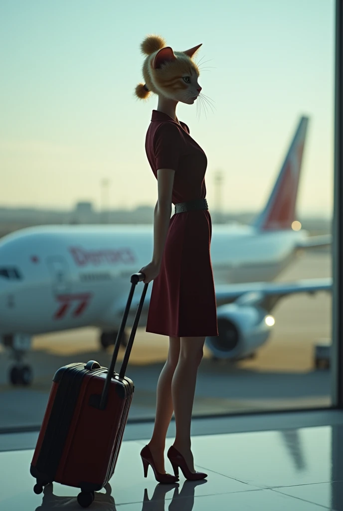 35mm lens,Multiple angles,full-body shot,漂亮的Cat,cute,Sexy,Personification,Back,side,silhouette,Overhead shot,Cat,Standing,doll,Airline stewardess,Trolley case,,AIRPORT,Boeing 747 background,Airline stewardess, cloak,Ruan Jia,,Work clothes,tie, full-body shot,(Delicate face), (Fine fluffy fur),(35mm Cinema Lens),(Multi-angle shooting),(many viewing angles)
