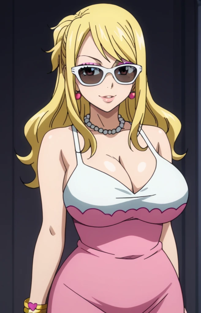 Lucy,Big breast,Plump,Curvy figure,Golden bracelet,Professional make up,Long wavy
hair,Half open eyes,pearl necklace,Hoopa earring,Mature,Sleeve thin Classy dress,Cleavage,Wedding ring,Eyeshadow,Glossy lips,sunglasses Dandy old man wearing matching ring with lucy standing beside lucy and getting intimate with her