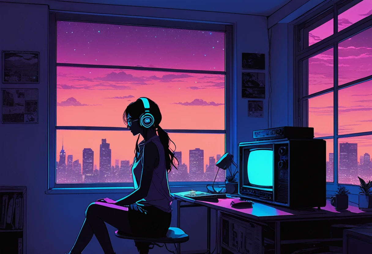 XXMix,Silhouette of frightened woman hiding in a 1980's radio station, neon light, in the style of coloring book comic, full body, raw hand drawn style, (from behind), Anime girl sitting in front of a computer in a cozy bedroom, Girl listening to music while studying in a cozy room (night), round glasses, Using headphones, on the roof, (beautiful night views from windows), lots of things, 2D anime style, The aesthetics of anime in the 90s, lo-fi, long hair, very detailed, hard disk, A mix of anime style and Fujifilm, surreal, 8k, masterpiece, violet eyes,black gloves, round glasses, long sleeves,violet hair, Flat Chest, smile, pantyhose