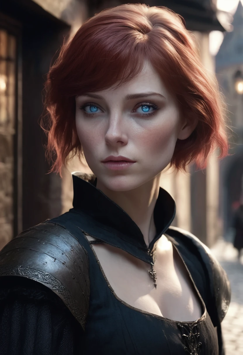 1 woman, inside a dark medieval street, wearing a simple all-black medieval outfit, feminine blue eyes, pale and detailed skin, short red hair, dramatic lighting, cinematic composition, somber palette, dark colors, atmospheric haze, thin chin, soft face, serious face, beautiful woman, adult woman, ultra realistic, adult woman (best quality, 4K, 8K, high resolution, art: 1.2), ultra detailed (realistic, photorealistic, photorealistic: 1.37)