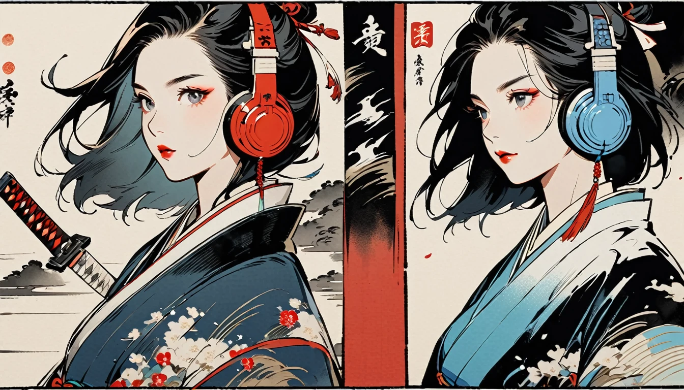 Ink Painting, (((1 girl))), (((samurai))), (((Japanese sword))), (((Swordsman))), Japanese style headphones, beautiful girl, Black Hair, Delicate and precise, Modern ukiyo-e style, red and blue neon