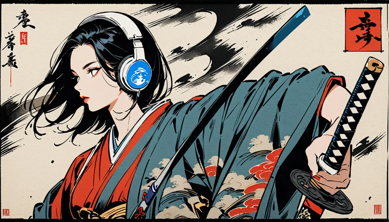 Ink Painting, (((1 girl))), (((samurai))), (((Japanese sword))), (((Swordsman))), Japanese style headphones, beautiful girl, Black Hair, Delicate and precise, Modern ukiyo-e style, red and blue neon