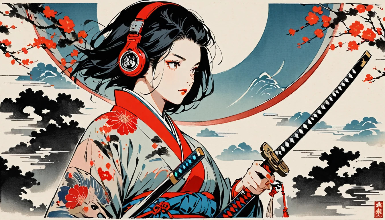 Ink Painting, (((1 girl))), (((samurai))), (((Japanese sword))), (((Swordsman))), Japanese style headphones, beautiful girl, Black Hair, Delicate and precise, Modern ukiyo-e style, red and blue neon