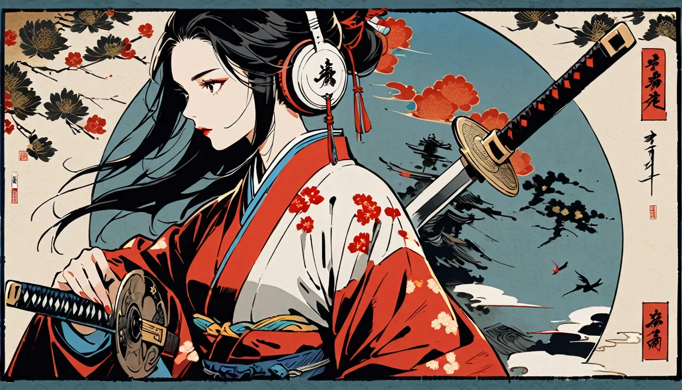 Ink Painting, (((1 girl))), (((samurai))), (((Japanese sword))), (((Swordsman))), Japanese style headphones, beautiful girl, Black Hair, Delicate and precise, Modern ukiyo-e style, red and blue neon