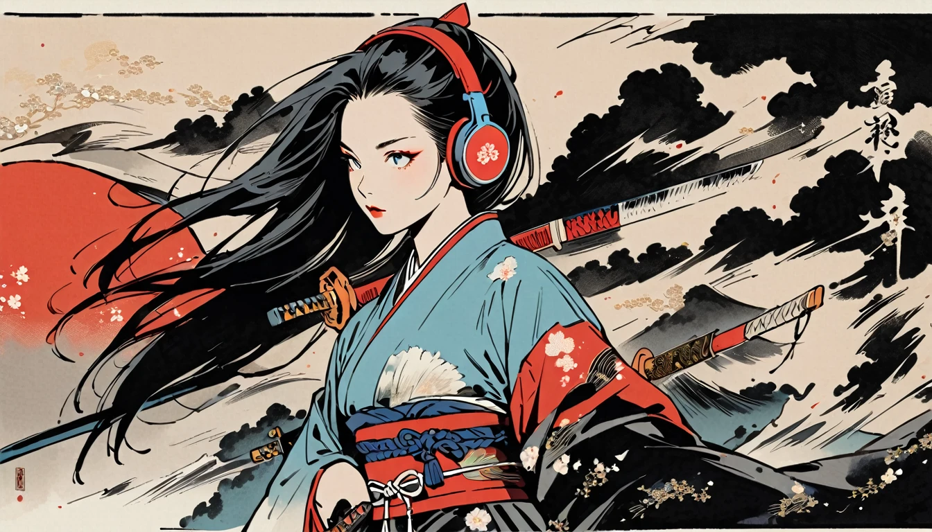 Ink Painting, (((1 girl))), (((samurai))), (((Japanese sword))), (((Swordsman))), Japanese style headphones, beautiful girl, Black Hair, Delicate and precise, Modern ukiyo-e style, red and blue neon