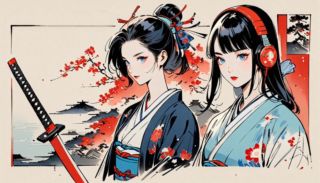 Ink Painting, (((1 girl))), (((samurai))), (((Japanese sword))), (((Swordsman))), Japanese style headphones, beautiful girl, Black Hair, Delicate and precise, Modern ukiyo-e style, red and blue neon