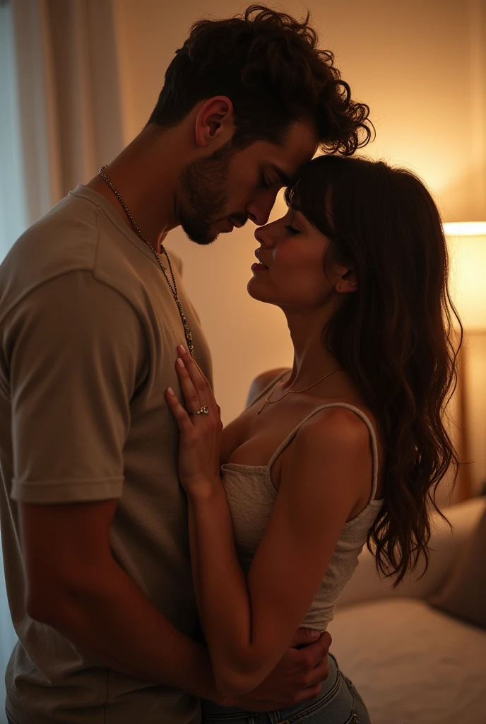 NSFW, a girl kneeling in front of a mans big , (((1girl and 1man, couple, having sex))), (a man standing in front of a kneeling woman sucking his penis), (girl kneeling in front of a man:1.3), (woman sucking his penis), (1girl: very cute 28-year-old girl, (brown wavy semi-long hair, bangs), medium breasts with cleavage,
