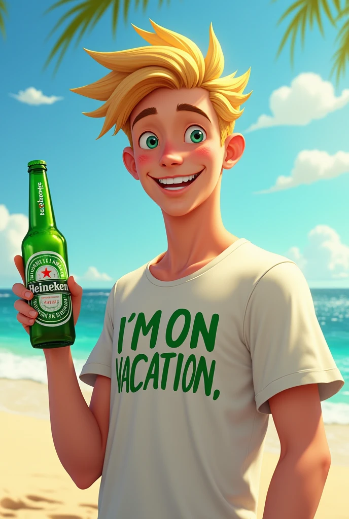 Create an image of a young white man with blond hair wearing a Heineken shirt on the beach announcing that he is on vacation. Put a phrase saying that I'm on vacation and put a Heineken zero long neck in my hand Disney style