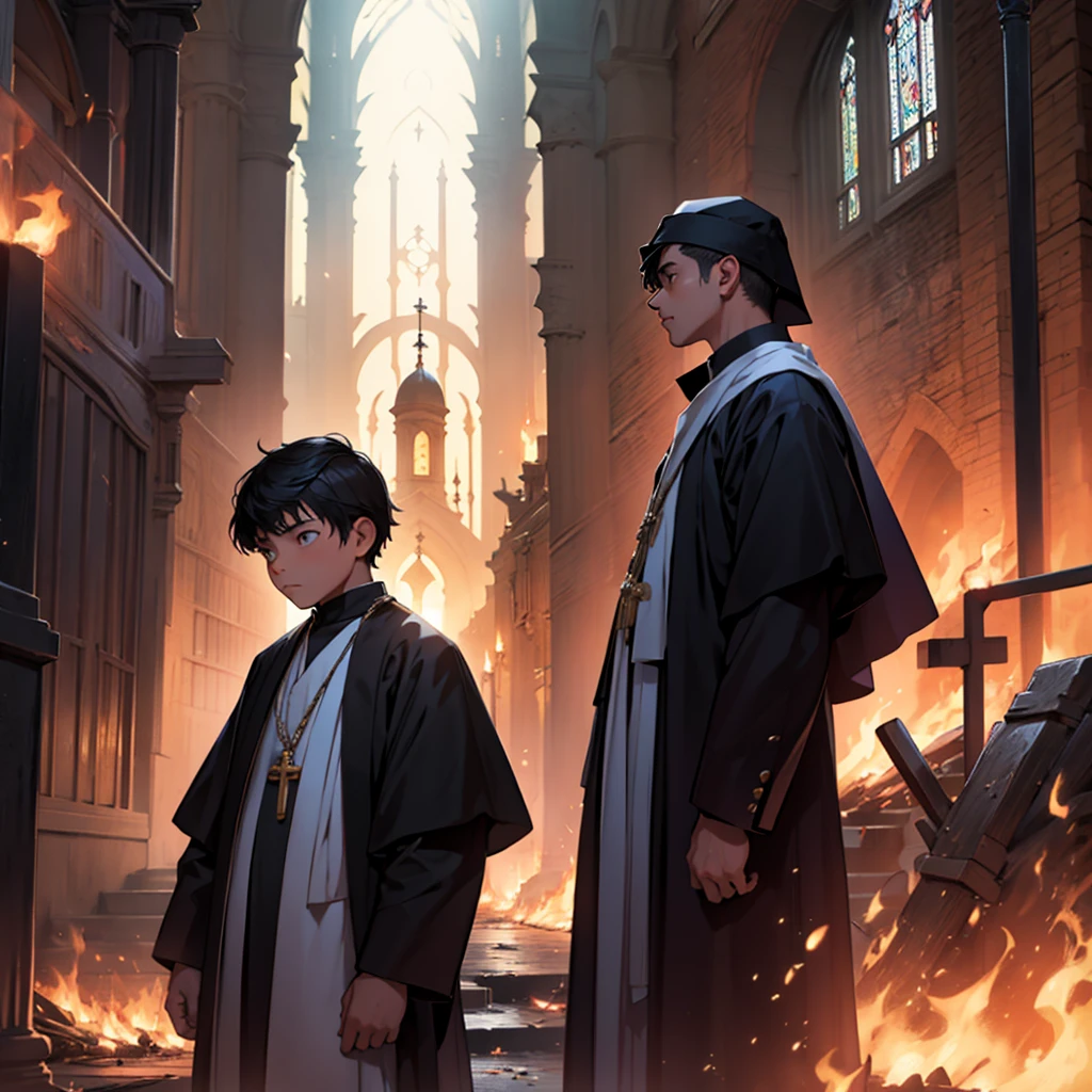 A kid representing non discrimination of religion on the foreground, people of all religion protecting him on the middle ground from dark shadows that represents criminals, all religious institutes burning on the background