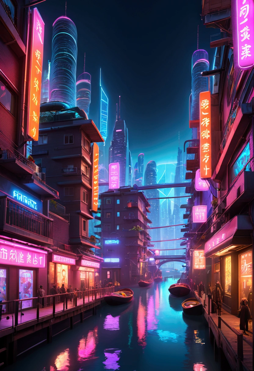 Scene with a noisy city, illuminated by neon lights, floating by.