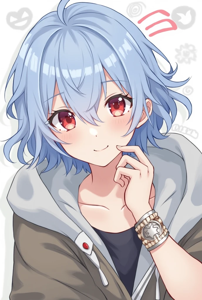 Light blue hair。Red eyes。Medieval boys。
Cute Smile。Energetic and kind。
Wearing a hoodie、The hood is not covered。clothes。
Social media icons。