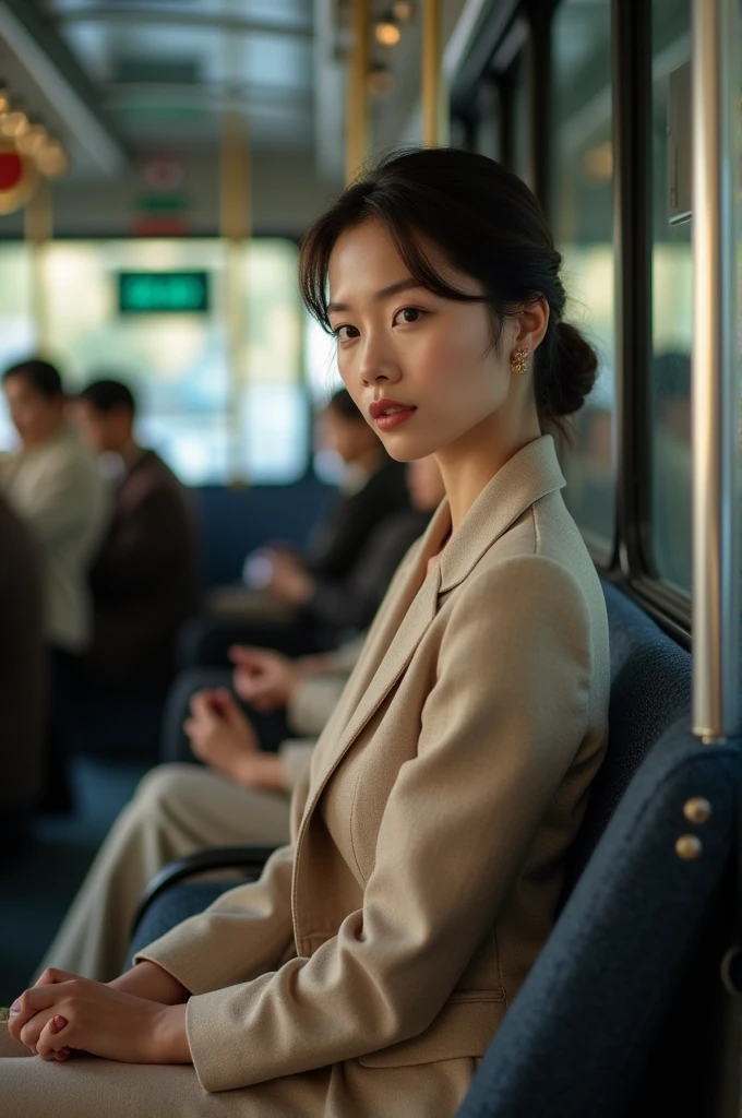 1 woman of 1.50 m on the bus dressed in elegant clothes