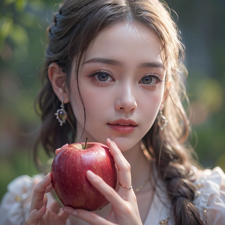 A woman holding an apple stands on top of a hill、Gothic Dress、青空と雲1 girl, Highest quality, masterpiece, Ultra-high resolution, (Realistic:1.4), RAW Photos, 1 girl, Cinema Lighting,((Highest quality、masterpiece、8k、Best image quality、Ultra-high resolution、Award-winning works)、(Accurate anatomy:1.1)、Highly detailed face、Attention to detail、double eyelid、Sharp focus:1.2、Beautiful woman:1.4、Highest quality、masterpiece、Ultra-high resolution、(Realistic:1.4)、Highly detailed and professionally lit smiles、Serious expression、Two Arms, Complete Hそして, Beautiful body, Beautiful fingers, Normal finger, Five Fingers, Five Fingers, (Thumb Index Finger Ring Finger), Beautiful ears、 Normal ear, Beautiful Eyes, Shining Eyes, Beautiful mouth, Beautiful Lips,