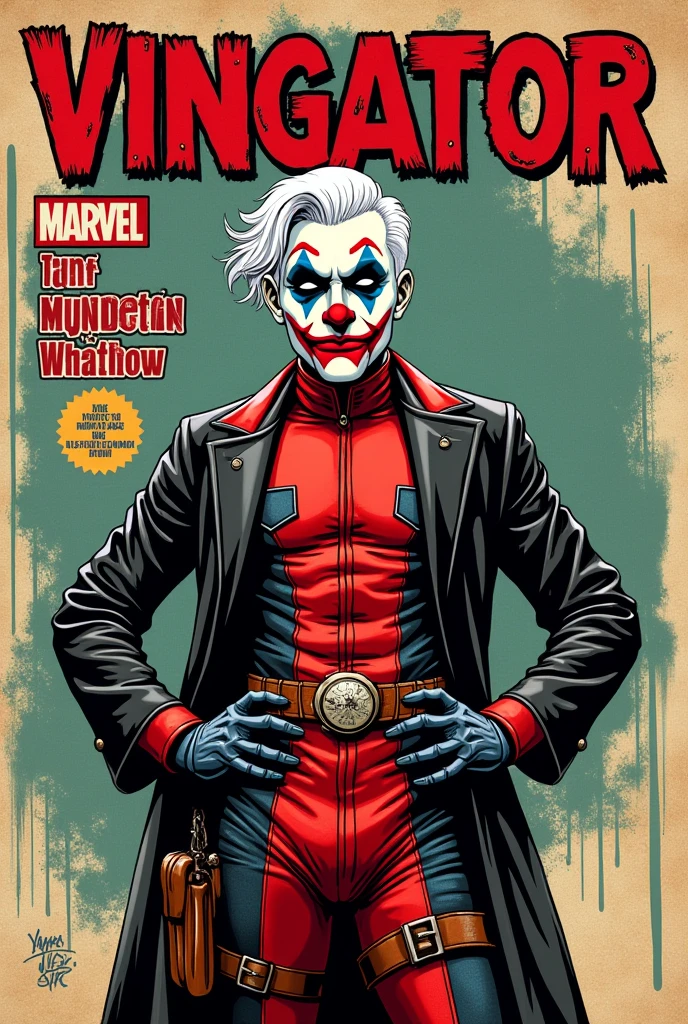 Old style marvel comic book cover ,with a character with clothes deadpool jumpsuit joker jacket face with clown makeup white hair, with title of "vingator" comic book image style