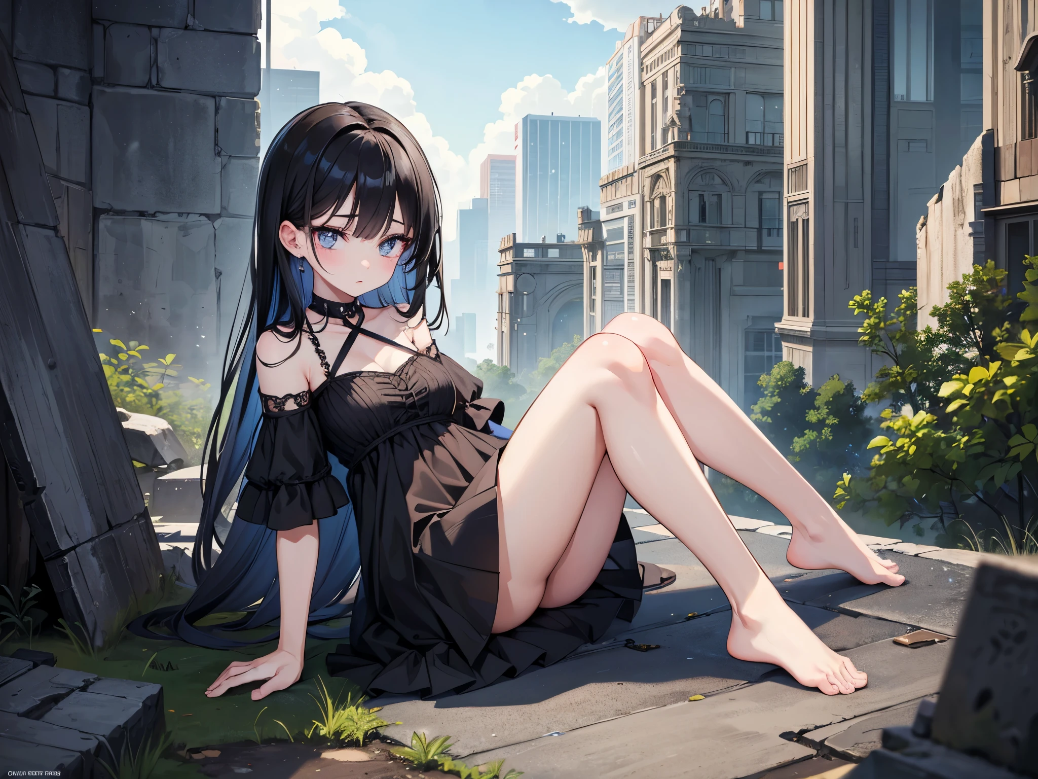 masterpiece, Highest quality, Perfect Face, Highest Resolution, Highest quality,Detailed depiction of the eyes, 8k, 1 girl, young, Black Hair, Long eyelashes, Downcast eyes, barefoot, Perfect Anatomy, ruins