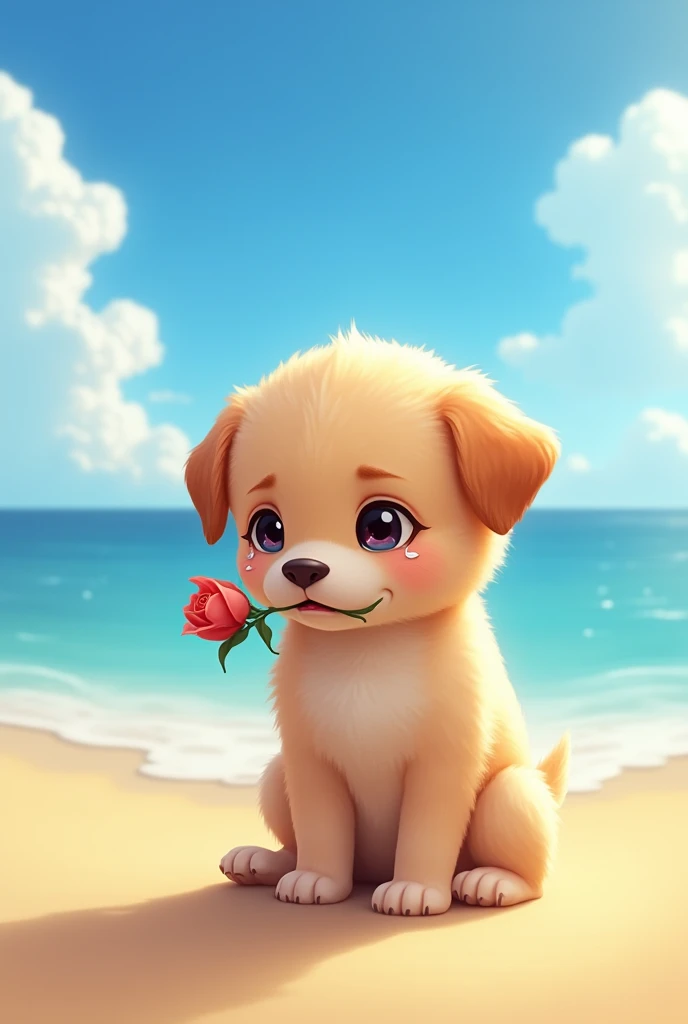 A puppy crying with a rose in its mouth on the sand of the beach