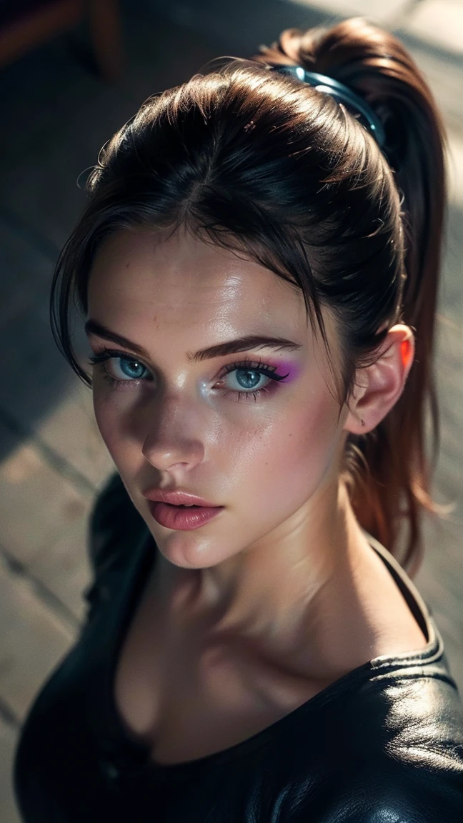 (((ultra realistic))) Photo, masterpiece, top quality, (Pale skin), (Ultra detailed face and eyes.:1.3), 1 girl, adult, on a t-shirt, ((eye makeup, mask)), (big detailed lips), ((rosa hair in a ponytail)), ((Chiolka)) , (natural breasts), Thin waist. ((Posing)), Photoshoot, studio (Soft lighting), (The game of lights and shadows), depth of field, bokeh, (Special attention to leather details.: 1.2), detailed leather texture, skin pores. (Warm frame environment.. Color range: violet, rosa, blue tones), DR, ((film grain)), ((good heavens)), (Glare), ((Photo to the waist, view from above)) , ultra detialed,