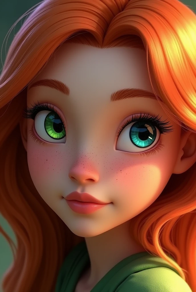 I want you to create a realistic face (face claim), It's going to be a mix between Bloom from Destiny, the Winx saga, and Jensen Ackles in the 90s., I want to have one eye the color of Jensen's eyes and the other the color of Bloom's eyes., I want to have the same color hair as Bloom and for it to be a little wavy., and from there you create the other features, that everything is well proportioned