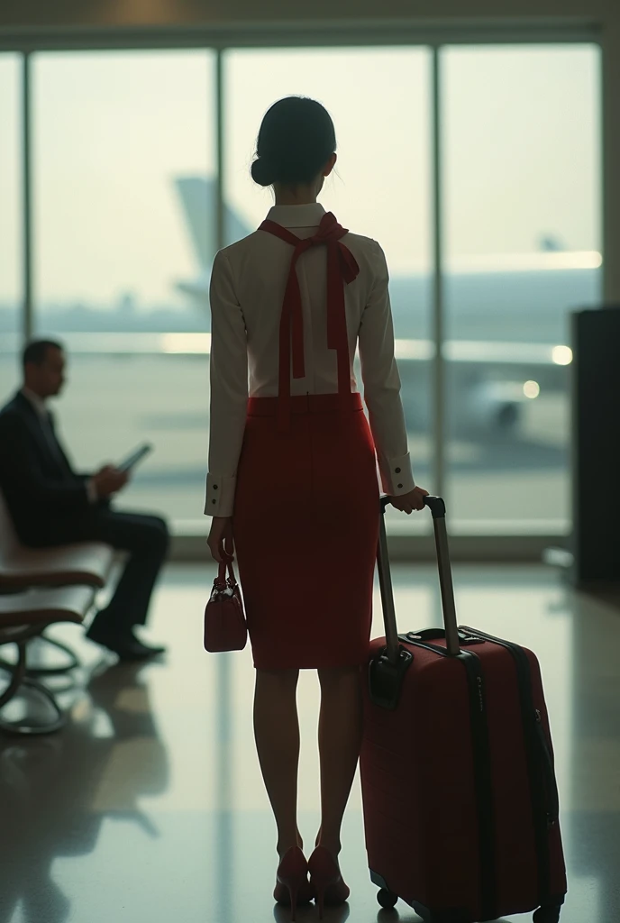 35mm lens,Multiple angles,漂亮的Cat,cute,Sexy,Personification,Back,side,silhouette,Overhead shot,Cat,Standing,doll,Airline stewardess,Trolley case,,AIRPORT,Airline stewardess, cloak,Ruan Jia,,Work clothes,tie, (Delicate face), (Fine fluffy fur),(35mm Cinema Lens),(Multi-angle shooting),(many viewing angles)