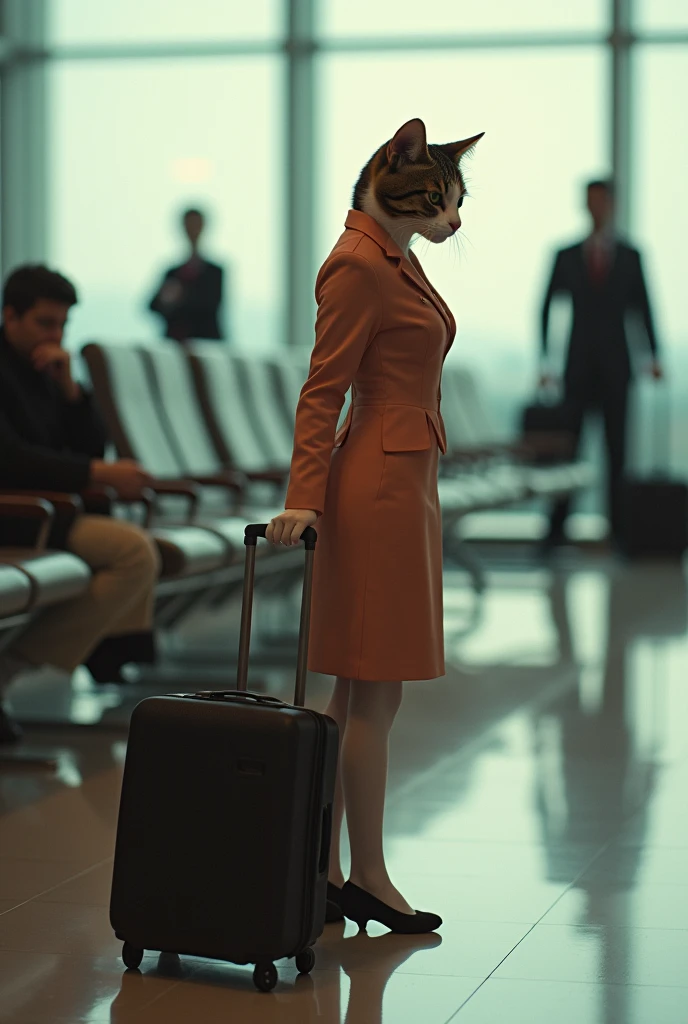 35mm lens，Multiple angles，漂亮的Cat，cute，Sexy，Personification，Back，side，silhouette，Overhead shot，Cat，Standing，doll，Airline stewardess，Trolley case，，AIRPORT，Airline stewardess， cloak,Ruan Jia,，Work clothes，tie, (Delicate face), (Fine fluffy fur)，（35mm Cinema Lens），（Multi-angle shooting），（many viewing angles）