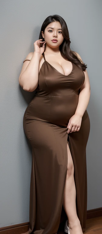 woman in brown dress and shorts hairstyle Leaning against the wall of the dark room, wearing a polite brown clothes , hijab outfit, with a long brown dress , longest dress fashion model, plus size, plus size woman, wearing brown longest dressed , woman in brown longest dress , beautiful Indonesia woman, thicc, brown outfit,, wearing a brown robe, brown , with longest hand clothes , bbwchan, large cleavage, very large cleavage, massive cleavage , wearing a sneakers, 35 years old woman, asian women , short hair , full body, thick neck , massive thighs , thick cheeks , Indonesian goddess 