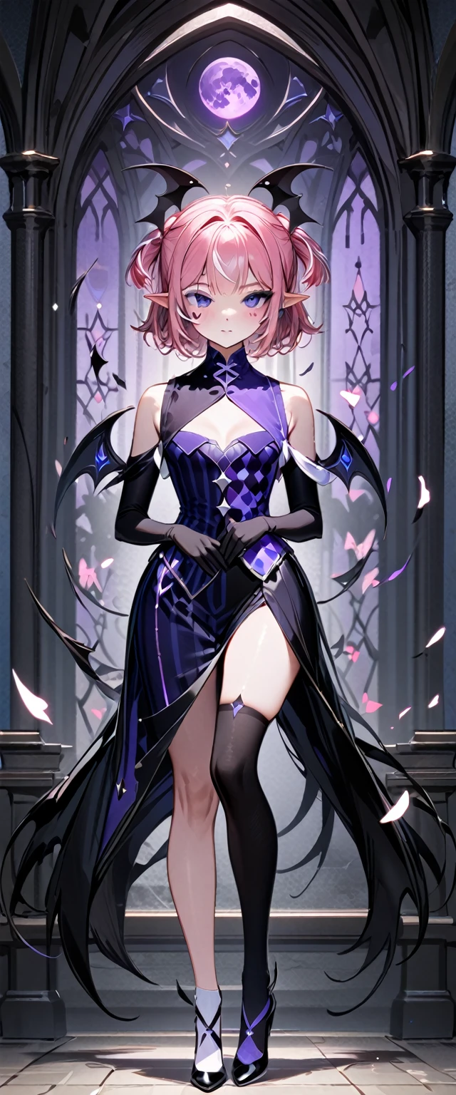 UHD, masterpiece, best quality, extremely detailed, anatomically correct, sharp focus, Midnight, purple moon, Church , altar isle, falling petals, flying butterflies, ((full body portrait)), 1girl, solo, camilavtuber, pink hair, short hair, shoulder length hair, (black head wings), twin ponytail, purple eyes, facial mark, slim arms, black arm sleeves, black gloves, small chest, 1devil wing, black long gown, high slit gown, slim legs,  black stockings, black high heels, full body shot, close up, innocent pose, Eye-Level Shot, front view, innocent pose