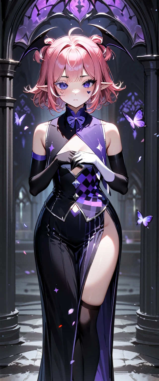 UHD, masterpiece, best quality, extremely detailed, anatomically correct, sharp focus, Midnight, purple moon, Church , altar isle, falling petals, flying butterflies, ((full body portrait)), 1girl, solo, camilavtuber, pink hair, short hair, shoulder length hair, (black head wings), twin ponytail, purple eyes, facial mark, slim arms, black arm sleeves, black gloves, small chest, 1devil wing, black long gown, high slit gown, slim legs,  black stockings, black high heels, full body shot, close up, innocent pose, Eye-Level Shot, front view, innocent pose