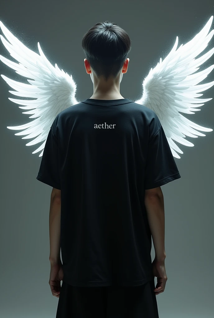 A black oversized shirt with several white wings like a seraph and the name aether written in white and in small letters
