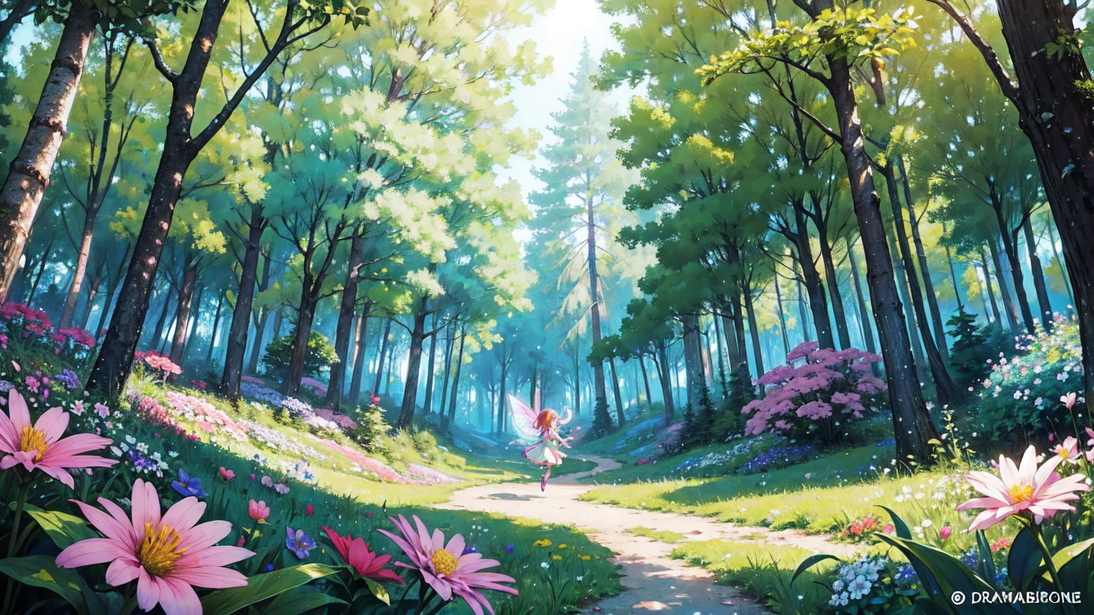 The backdrop is a peaceful, colorful setting in a vibrant forest, uninhabited and full of flowers. Glowing little fairies are flying around. Background only.