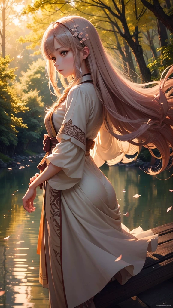 A breathtaking anime scene set in a serene, lush forest during sunset. The warm golden light filters through the towering trees, casting long shadows and creating a magical, ethereal atmosphere. In the center of the scene, a crystal-clear river gently flows, reflecting the vibrant colors of the sky. Delicate cherry blossom petals dance in the air, carried by a soft breeze. A young anime character, with flowing hair and detailed, intricate clothing, stands on a small wooden bridge, gazing thoughtfully at the horizon. The hyper-realistic details bring out the texture of the bark, the shimmer of the water, and the softness of the petals. The entire scene is rendered in 4K, with an incredibly high resolution, capturing every detail with stunning clarity.8K,high resolution 