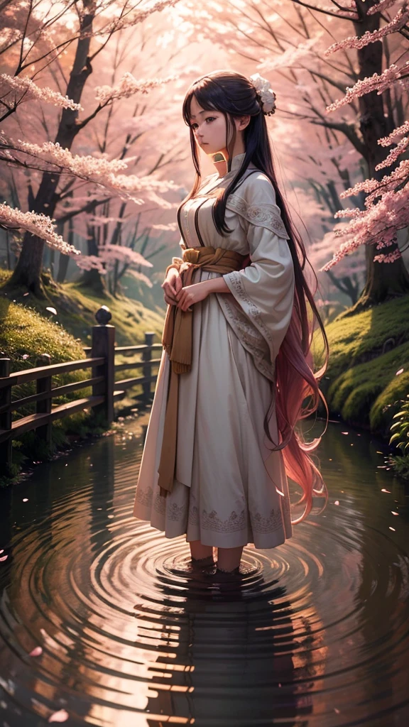 A breathtaking anime scene set in a serene, lush forest during sunset. The warm golden light filters through the towering trees, casting long shadows and creating a magical, ethereal atmosphere. In the center of the scene, a crystal-clear river gently flows, reflecting the vibrant colors of the sky. Delicate cherry blossom petals dance in the air, carried by a soft breeze. A young anime character, with flowing hair and detailed, intricate clothing, stands on a small wooden bridge, gazing thoughtfully at the horizon. The hyper-realistic details bring out the texture of the bark, the shimmer of the water, and the softness of the petals. The entire scene is rendered in 4K, with an incredibly high resolution, capturing every detail with stunning clarity.8K,high resolution