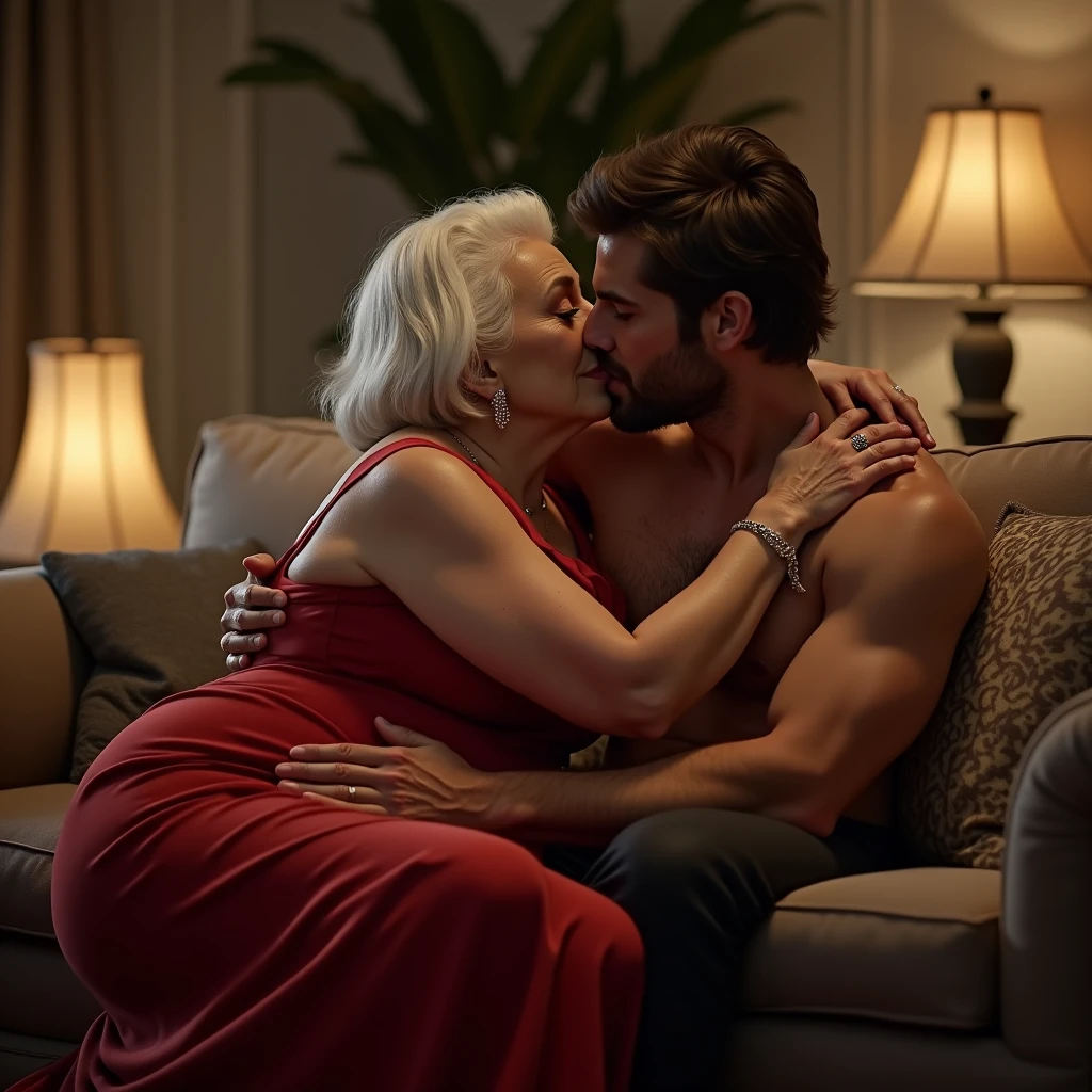 Sexy 80 years old busty woman kissing 25 years young handsome man, sofa , living room , romance, Full body 