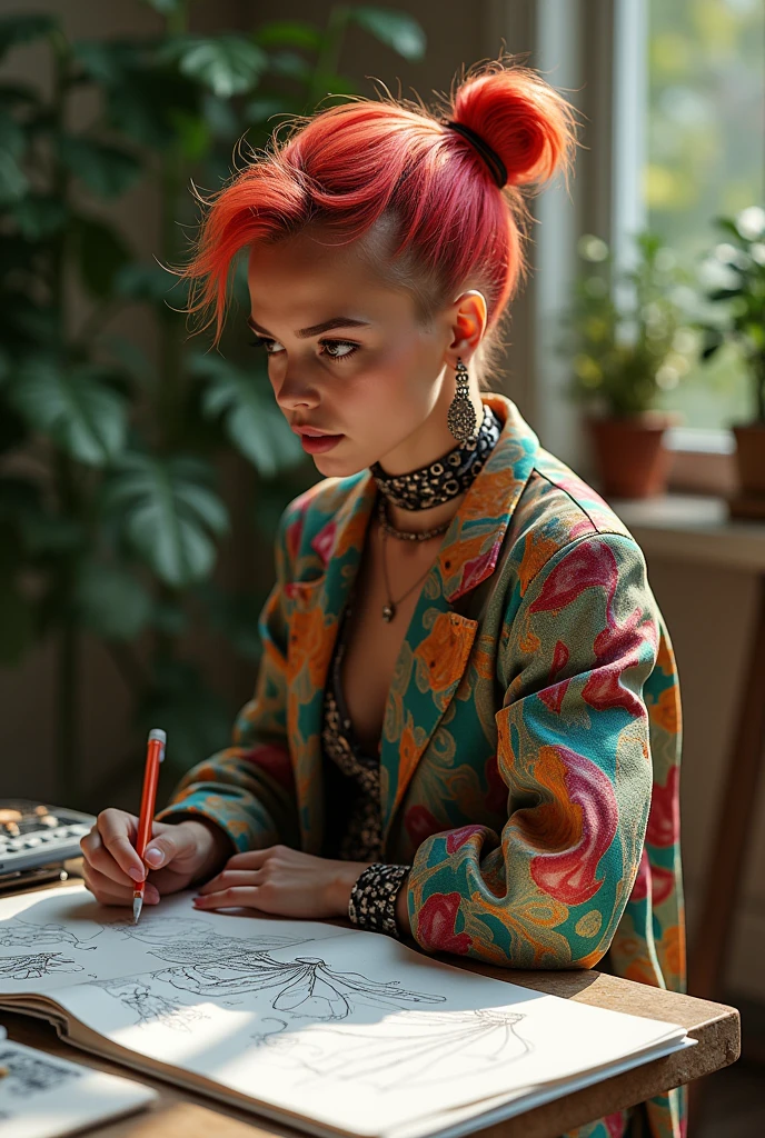 Realistic woman with sketchbook creating a new crazy dress for modelling meanwhile she's wearing crazy outfit matching her hair and personality