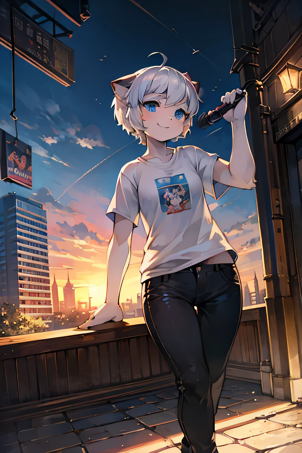 anime style, masterpiece,best quality,super fine illustration, super detailed, dynamic angle, beautiful detailed, 8k, On a summer day,cat years,girl,cute,blue eyes,short hair,white hair,white T-shirt,singer,black pants,smile,Break she is singing a song.Break in city,detailed background,beautiful background
