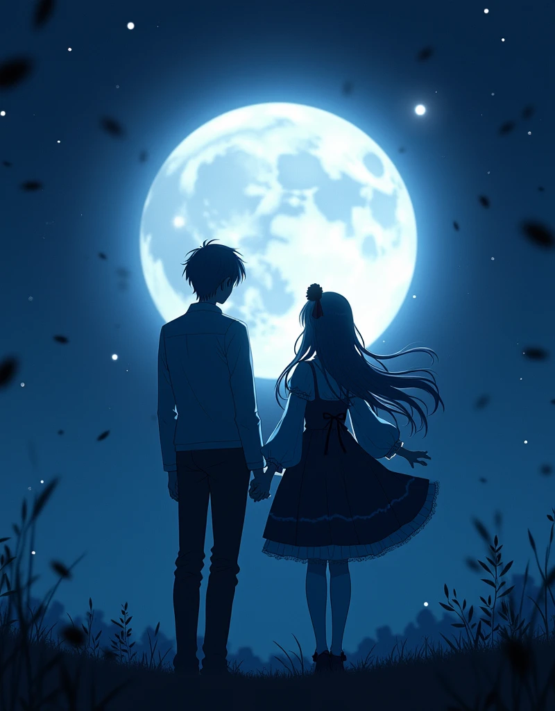 Movie Posters, full moon, Illuminated by moonlight, Romantic atmosphere, Starry Night, Fantasy, Light and shadow, Silence of the Night, Two people, secret, Soft Light, ephemeral, (ruri gokou), Hime cut, Long Hair, Gothic Lolita, Lolita Fashion, head band, full body, anime