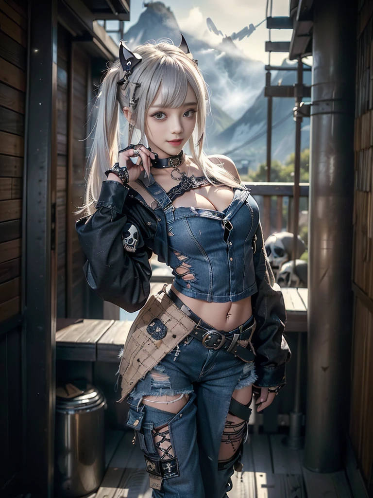 (Beautiful lips and nose:1.4)、(Long eyelashes:1.4)、(Smiling with teeth showing:1.3),(Shibuya Gal:1.5)、(Gothic ta delicately decorated dress:1.5)、(Tattered denim and black punk rock cargo pants:1.5)、(Denim and black navy skull mark small jacket:1.4)、(denim garter belt:1.5)、(Black and denim knee socks:1.3)、(Skull Silver Accessories:1.5)、(Denim collar:1.3)、(Brown Skin Belt:1.4)、(Brown boots:1.2)、(The underwear is striped:1.4)、31 years old、((Highest quality、In 8K、masterpiece:1.3))、Sharp focus:1.2、(Layered Cut、Huge boobs:1.1),Beautiful woman with perfect figure:1.4、(Dancing vigorously:1.3)、Slender Abs:1.2、Highly detailed face and skin texture、Detailed eyes、double eyelid,(Twin tails:1.3)、(Cream colored hair:1.3)、Gravure idol、(The background is a vast mountain with a clear view々Beautiful luxury resort destination in Europe:1.3)、(Slim Body:1.2),(Make your legs thinner:1.4),(clavicle:1.1)
