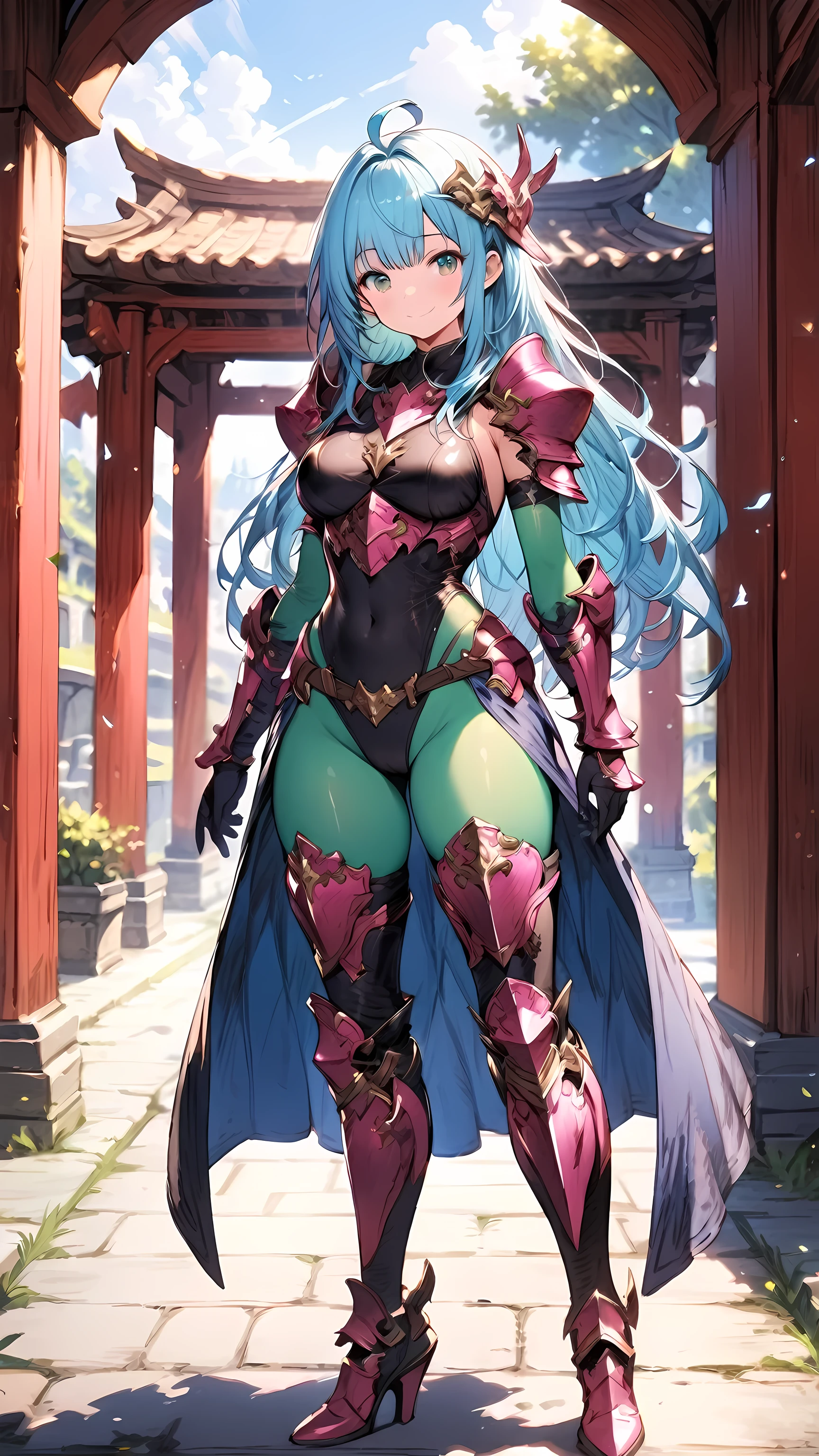 Masterpiece, 1girl, ahoge, aqua hair, armor, armored boots, bangs, blue hair, blurry, bodysuit, boots, breasts, closed mouth, covered navel, day, elbow gloves, full body, gauntlets, gloves, green eyes, hair ornament, high heel boots, high heels, large breasts, leotard, long hair, looking at viewer, medium breasts, outdoors, pantyhose, shiny, shiny clothes, shoulder armor, skin tight, sky, smile, solo, standing, thigh boots, thighhighs, waist cape, Granblue Fantasy style