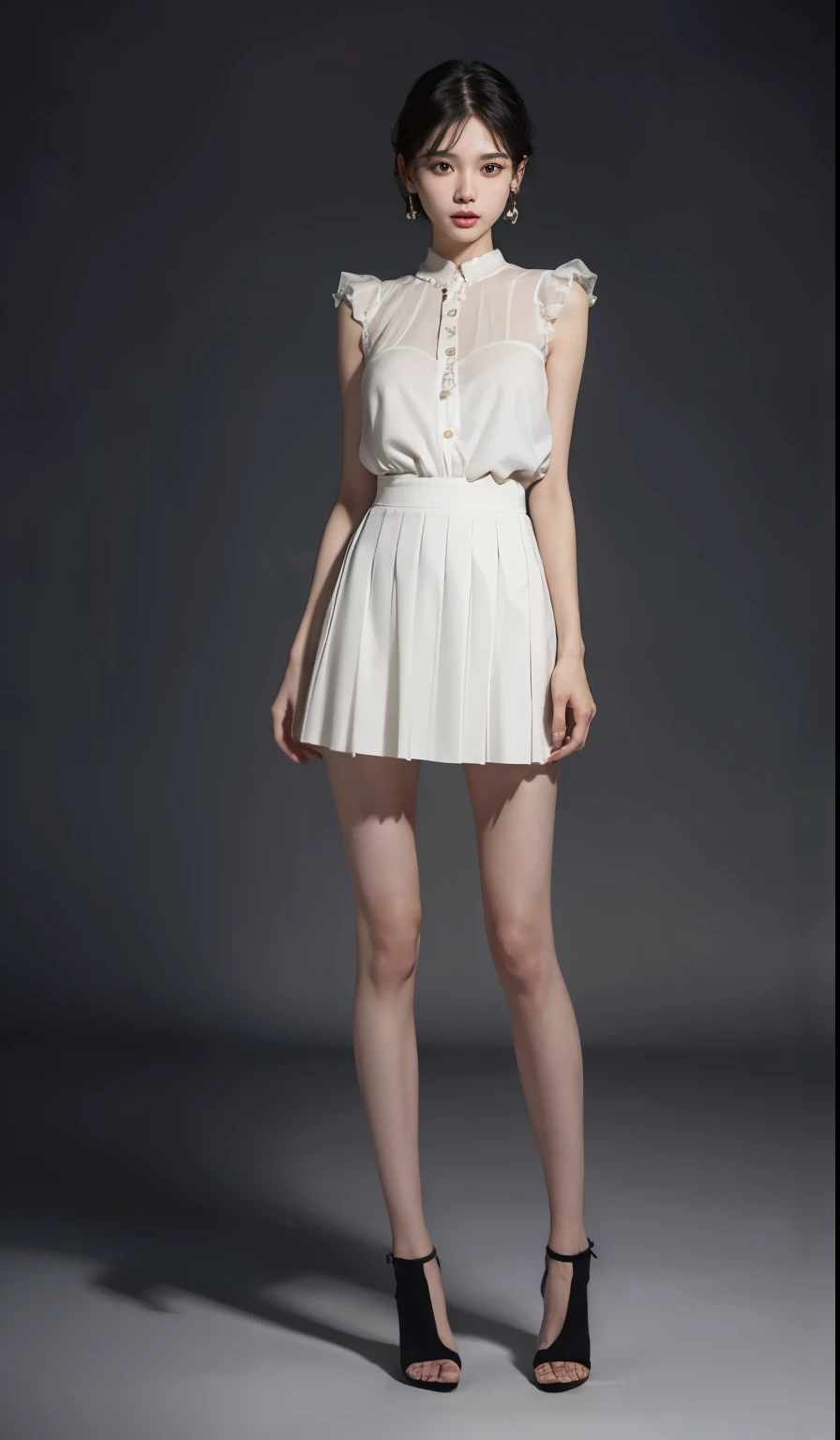 Absurd, RAW Photos, Very delicate and beautiful, masterpiece, Highest quality, Ultra-high resolution, 16K, Surreal, Very detailed, (Perfect Anatomy), Very detailed肌, Perfect figure, Very detailed CG 8k 壁紙, 20th Generation, very slim figure, Tight waist, very small head, Very small face, Delicate facial features, Tearful mole, Earrings, Thin legs, (Very big round breasts), (Full Body Shot), Short Medium Hair, (Skirt Suit), (blouse),High skin exposure,Long legs,Thin legs,Tall,Small Ass