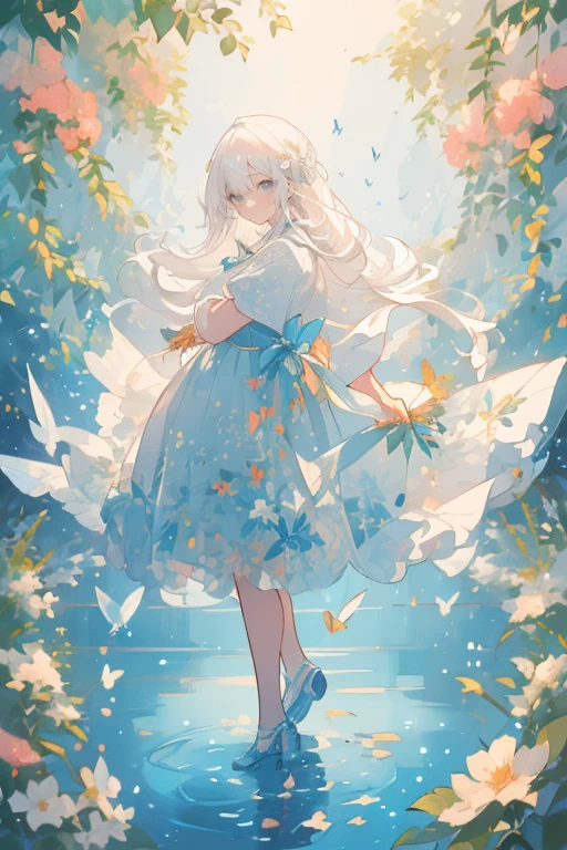 (Mastepiece), (Best Quality), Very detailed, 1 girl, Solo full body shot, Perfect Face, beautiful girl, Very detailedな顔,(White hair long hair:1.5),(blue eyes:1.4),(Lots of butterflies々:1.2)、(Lots of flowers:1.4)、(Lots of flowersびら:1.3)、(Sparkling:1.3)、(smile:1.3)