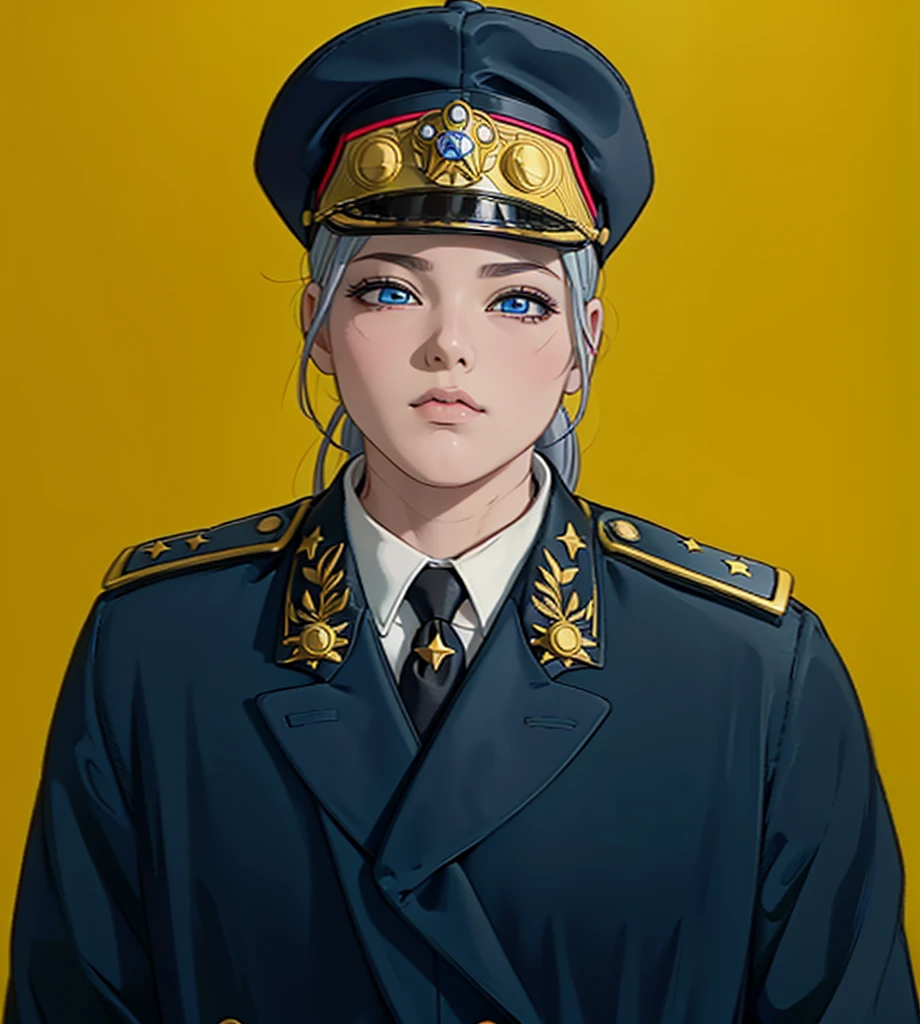 (exceptional, best aesthetic, new, newest, best quality, anime, waifu:1.2), master piece, best quality, absurdres, highres, good anatomy, pretty face, ultra detailed, (1girl:1.3), colored, 1 girl, female, blue eyes, grey hair, peaked cap with big red strip, star insignia on the cap, coat, golden shoulder piece, lautel leaves, inside white shirt, black tie, star badge on the tie, looking at user