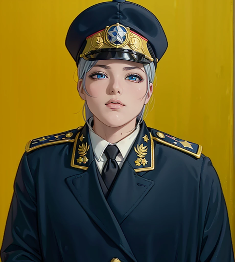 (exceptional, best aesthetic, new, newest, best quality, anime, waifu:1.2), master piece, best quality, absurdres, highres, good anatomy, pretty face, ultra detailed, (1girl:1.3), colored, 1 girl, female, blue eyes, grey hair, peaked cap with big red strip, star insignia on the cap, coat, golden shoulder piece, lautel leaves, inside white shirt, black tie, star badge on the tie, looking at user