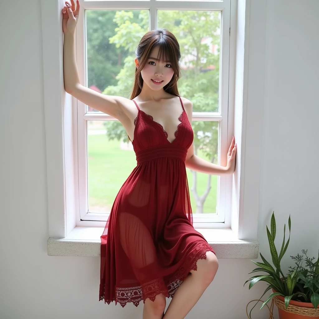 Photo-realistic quality、A 20-year-old Japanese female idol wearing a red dress posing in front of a window, Red lace, Sexy Slip, wearing sexy lingerie, lingeries beauty, Romantic Dresses, Sexy Dress, sexy red slip, lingerie, laced lingerie, 女の子はWearing a red dressいる, V-shaped clothing with an open neckline, Wearing a red dress, Sexy Girls、looking at the camera、Detailed and beautiful eyes、Cute smile、Relaxed and gentle expression、Small hands