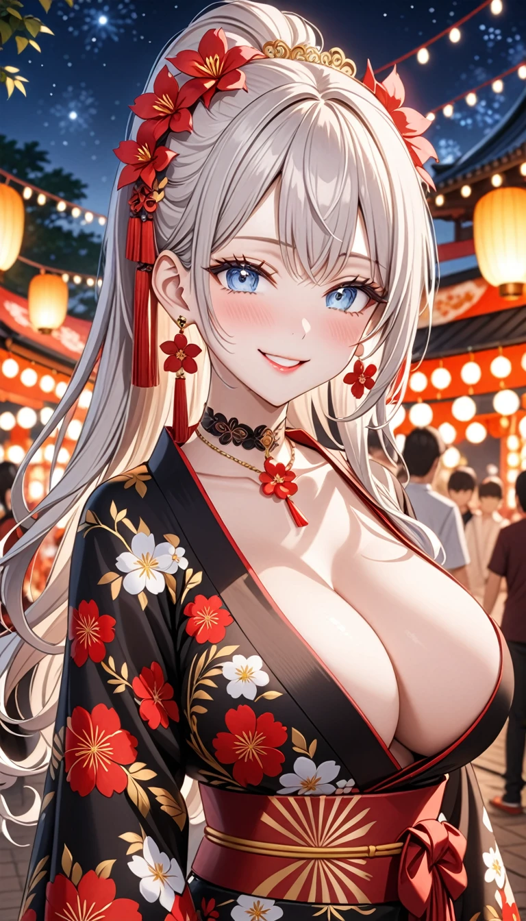 ultra-detailed, ((one girl)), (pale skin:1.4), (portrait), fair-skinned gyaru, ((Girl in black kimono)), (heavy makeup), hyper detailed, absurdres, 8k, Beautiful Face, (Laugh shyly), ((teasing smile:1.2)), ((happy smile:1.4)), ((Wink:1.3)), (Laugh with your mouth wide open), ((Tilt your face:1.6)), View your viewers, ((full-face blush:1.3)), Glossy Red Lips, ((huge breasts:1.6)), summer, night, Small park, Festival Venue, ((Anime style background)),masterpiece, Highest quality, Latest, Complex details, ((red long nail:1.2)), (ring),(bracelet), (Floral Choker),AI-generated, Complex,High resolution, Highest quality, super high quality,3D Images、3D Images,One person, (Silver White hair),Long Hair, (White high ponytail), (wavy hair:1.3)), Anime woman posing for a photo, ((Eyes with detailed pupils、blue eyes、glowing eyes:1.3)), (Squint your eyes:1.1),a hyperRealistic , hyperRealistic , Realistic,Anime woman with long white hair, Smooth anime CG art, ((A girl in a gorgeous black kimono:1.2)), ((black furisode:1.3)),Gold embroidery, (Large floral pattern in red color), (Long red flower hair ornament),(big floral earrings), Mature Body, tall,Narrow waist, (extreme close-up shot), Place your hands behind your head.