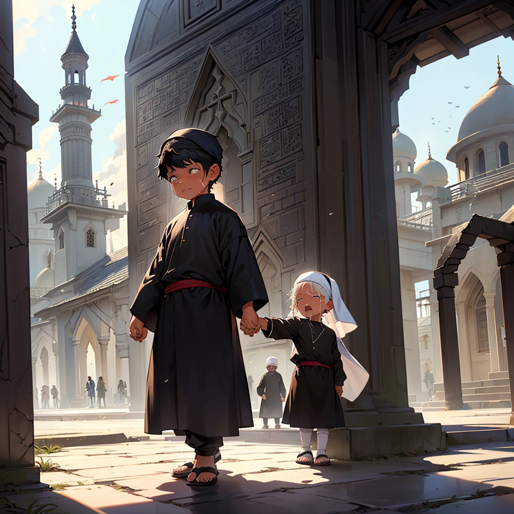 ((A kid crying, representing non discrimination of religion on the foreground)), ((people of all religion holding hands, protecting the kid, on the middle ground from dark shadow criminals)), ((temples, mosques and churches burning on the background))