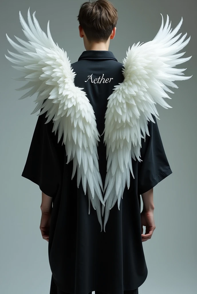 A black oversized shirt with several white wings like a seraph and the name aether written in white and in small letters 